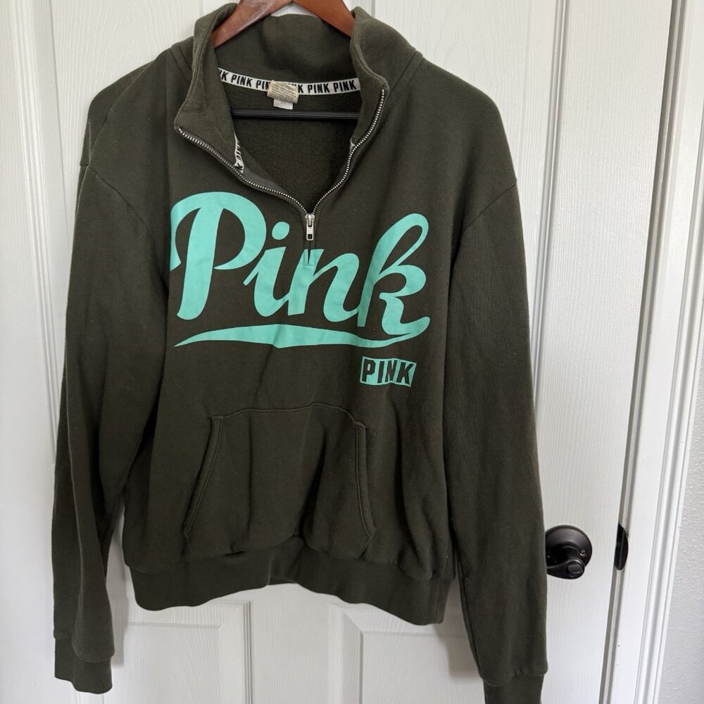 Victoria's Secret Pink 1/4 Zip Olive Green Pullover Sweater Sweatshirt Size Med